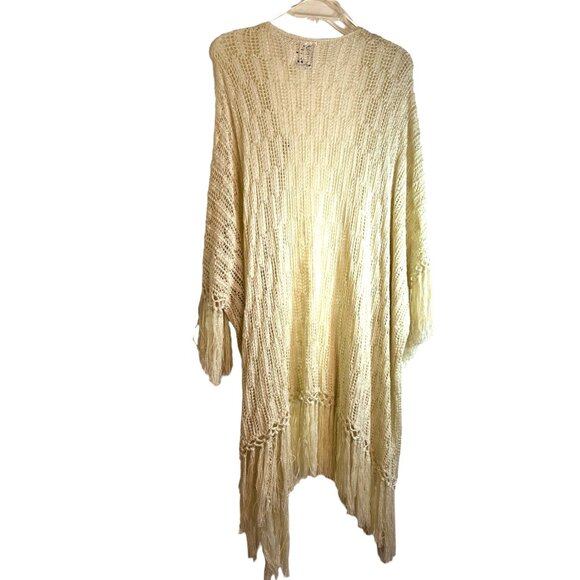 Women's PPLA Cream Open Knit Kimono w/Fringe Trim on Hem & Sleeves, Size S/M - Picture 9 of 9